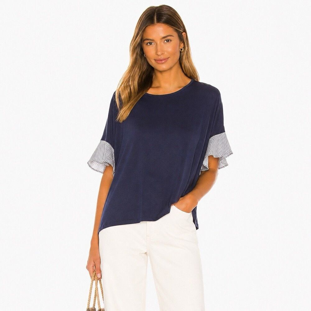 Beeson River Tunic Top Blue Flutter Sleeve Stripe Trim Ruffle Knit Soft Flowy L